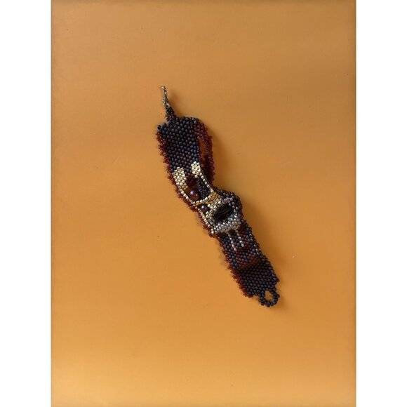 Artisan Peyote Stitch Bracelet Faceted Onyx Stone Center Glass Quartz Pearl Bead - Picture 5 of 7